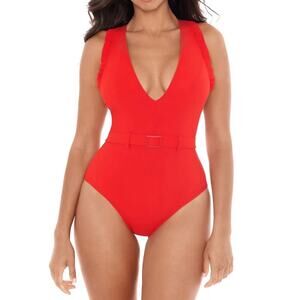 Skinny Dippers Jelly Beans Cinch Ruffle V-Neck Belted Red One Piece Swimsuit NWT